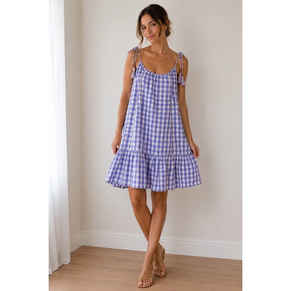 Maaji Purple Gingham Tassel Tie Strap Mini Dress Size Large L Boho Summer